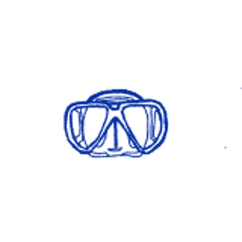 The image shows a blue outline of a scuba mask against a black background. The mask appears to be floating in the center of the frame. The outline is somewhat rough, giving it a stylized or sketched appearance. The details of the mask, such as the lenses, frame, and straps, are visible in the blue lines. The overall impression is simple and graphic.